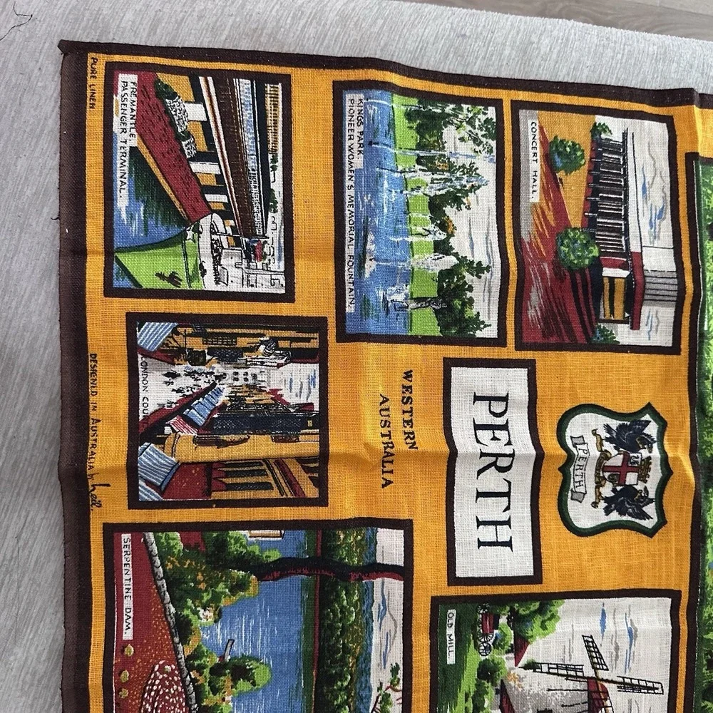 PERTH WESTERN AUSTRALIA TRAVEL SOUVENIR PURE LINEN PRINTED TEA TOWEL